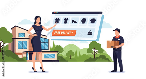 Woman receiving a package from a delivery courier with an online fashion store interface. Illustrates free delivery, e-commerce, home shopping, and logistics