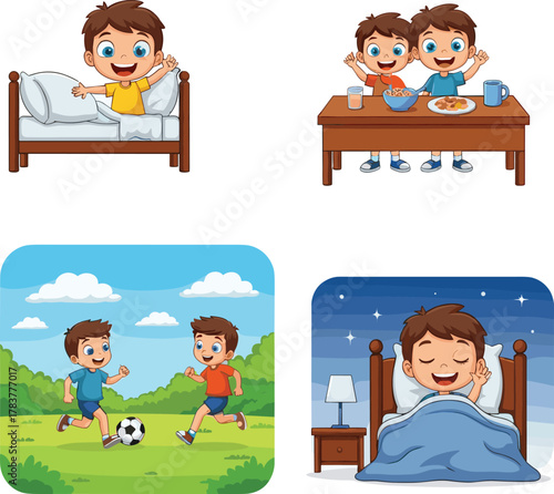 Cartoon boy daily routine, waking up, eating breakfast, playing soccer, sleeping at night, healthy habits, cheerful expressions, educational theme, lifestyle illustration, child activity