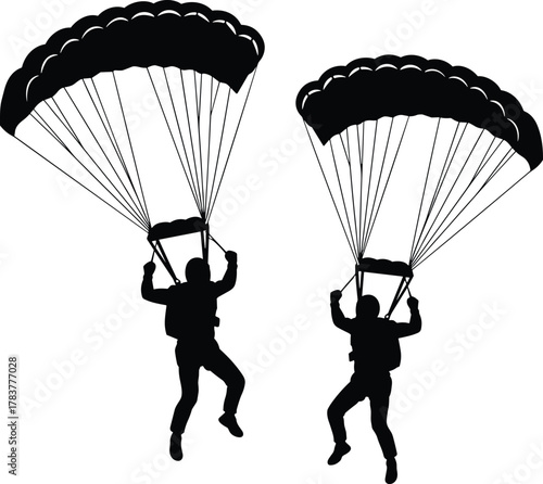 Parachute Jump Silhouette, Skydiving Duo, Airborne Action, Paratroopers, Adventure Sport, Flat Vector Illustration, CAD Drawing for Creative Projects