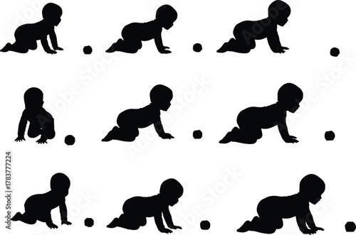 Flat vector crawling baby approaching ball, silhouette movement sequence, early childhood development, playful infant motion, black design, curiosity exploration illustration