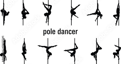 "Pole Dancer Silhouette Set, Dynamic Poses, Pole Dance, Acrobatics, Fitness, Gymnastics, Flat Vector Illustration, CAD Drawing for Creative Use"