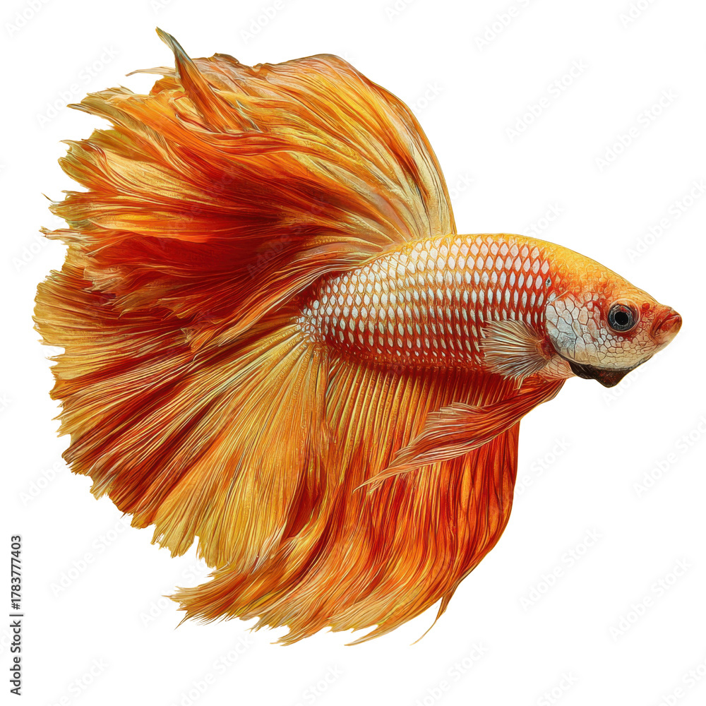 Fototapeta premium Golden Jewel of the Deep: A captivating close-up of a vibrant betta fish, showcasing its radiant, flowing fins in mesmerizing detail. Witness the elegance of this aquatic gem.