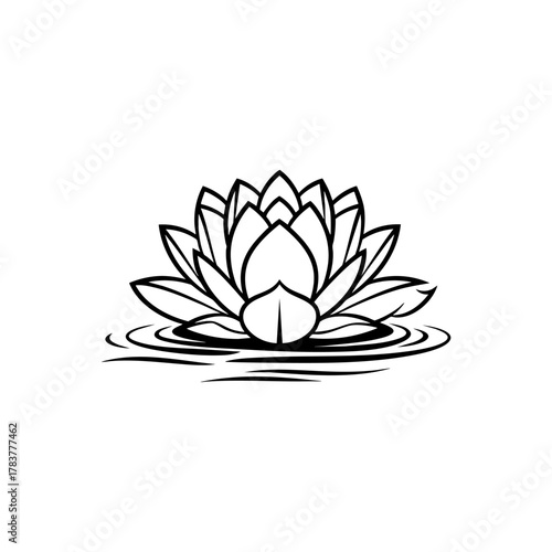 Black and white line art illustration of a lotus flower floating on water