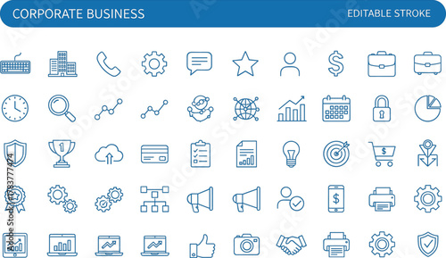 54 corporate business icons, editable stroke, office tools, finance, communication, achievement, analytics, logistics, vector illustration, professional concept