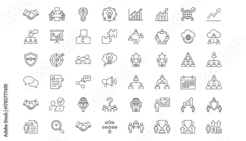 56 business icons, black and white line style, teamwork, leadership, communication, strategy, growth, editable stroke, vector illustration, organizational concept, professional tools