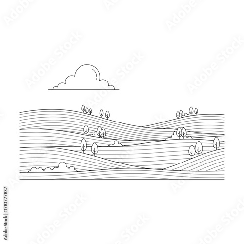 Minimalist landscape drawing of rolling hills with scattered trees under a serene sky, a calming and peaceful scene perfect for relaxation and contemplation