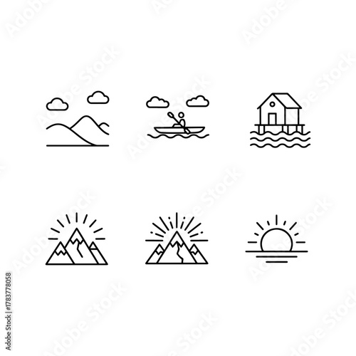 Nature escape adventure icons set, including mountains, kayaking, and lakeside cabin getaway, symbolizing freedom and relaxation for travel destinations