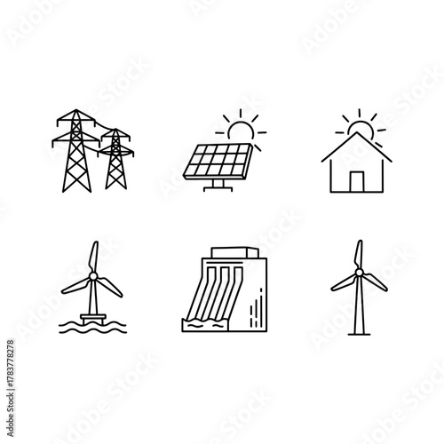 Clean energy future with sustainable power sources like solar panels, wind turbines, hydro electric dams, and power lines for a greener world