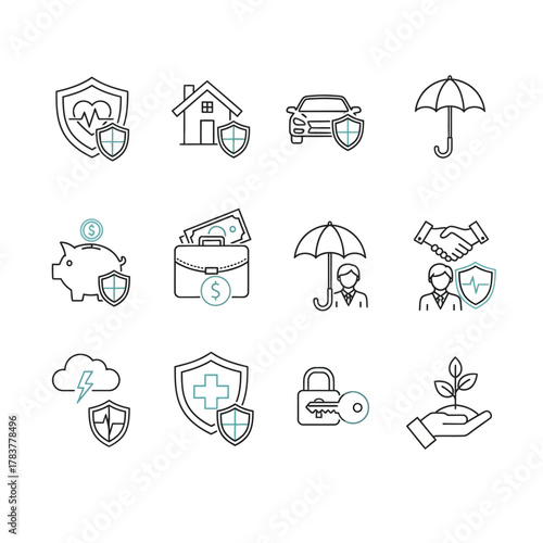 Hand-drawn line art insurance icons set with shields, house, car, umbrella, piggy bank, and plant.
