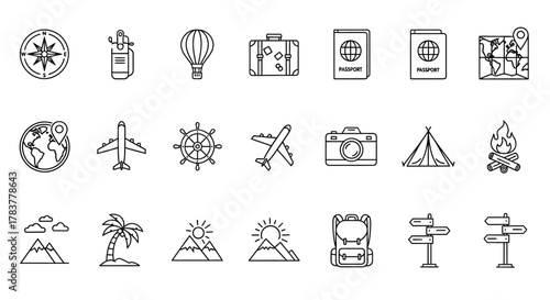 Hand-drawn set of black line art travel and adventure icons, including a compass, airplane, passport, and map.