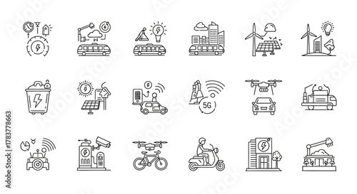 Hand-drawn sketch line art icons set for smart city, sustainable energy, and modern technology concepts.