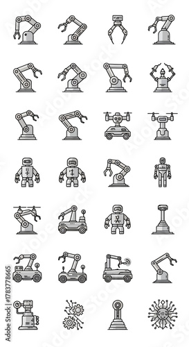 Hand-drawn sketch style robot and robotic arm icons collection, industrial automation technology symbols.