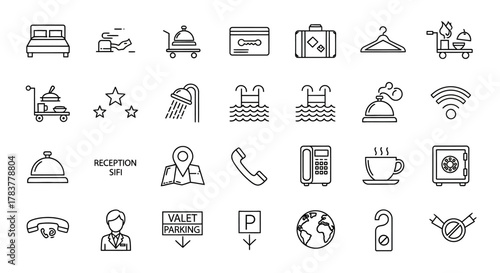 Hotel Amenities and Services Line Icons Set - Bed, Luggage, Pool, Reception, and More.