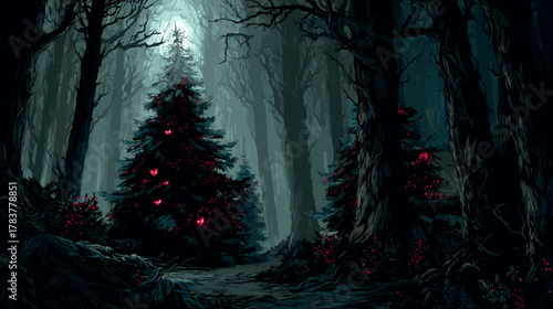 Evil Christmas Fantasy Forest Vector Illustration. Game Design Concept Dark Fantasy