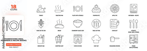 Thanksgiving Meal Planners & Recipe Books Line Icon Set – Cooking, Food, Recipes, Celebration, Editable Stroke.