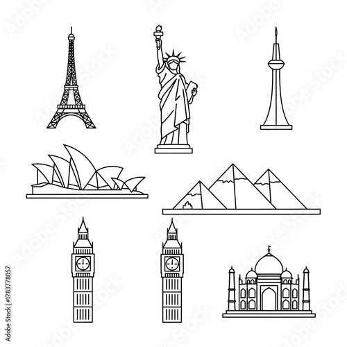 Iconic Global Landmarks Collection - Architectural Wonders in Outline Style.