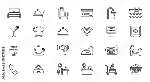 Hotel Amenities Doodle Icons - Bed, Room Service, Luggage Cart, Credit Card, Shower, Pool, Cocktail, Chef Hat.