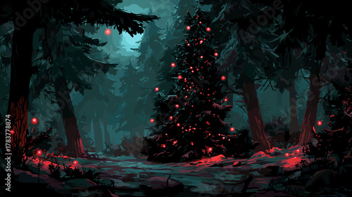 Evil Christmas Fantasy Forest Vector Illustration. Game Design Concept Dark Fantasy