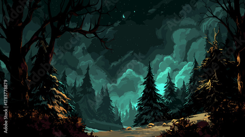 Evil Christmas Fantasy Forest Vector Illustration. Game Design Concept Dark Fantasy