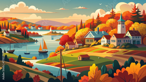 Very beautiful autumn scenery of World’s End in Hingham, Massachusetts, USA, featuring vibrant fall foliage, rolling coastal hills, calm water views, and warm natural sunlight creating a realistic pea