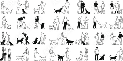 Set of People and Dogs Line Art Illustrations, Owners Walking and Interacting with Pets, Pet Care and Friendship, Animal Companionship Vector Icons, Black and White.