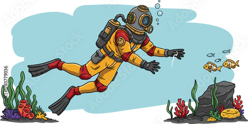 Retro Deep Sea Diver Cartoon Character Underwater with Fish, Vintage Diving Suit, Exploring Ocean Floor and Coral Reef, Marine Adventure Illustration.
