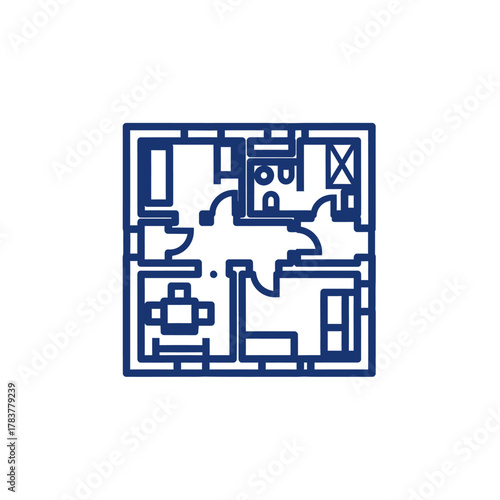 Minimalist blue line icon of a square architectural floor plan showing a furnished apartment layout with rooms and fixtures.