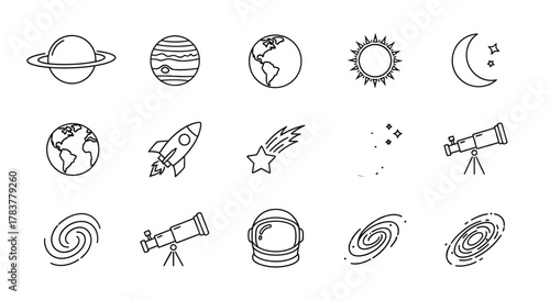 Minimalist hand-drawn black line art space and astronomy icons set, featuring planets, rockets, telescopes, and galaxies.
