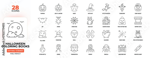 Halloween Coloring Books Line Icon Set – Pumpkin, Ghosts, Monsters, Trick-or-Treat, Editable Stroke.