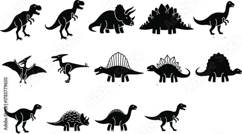 Collection of dinosaur silhouettes including Tyrannosaurus rex, Triceratops, Stegosaurus, Sauropod, Spinosaurus, Pterodactyl, Ankylosaurus, minimal vector design for logo, educational illustration