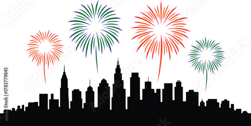 Black city skyline with orange and green fireworks