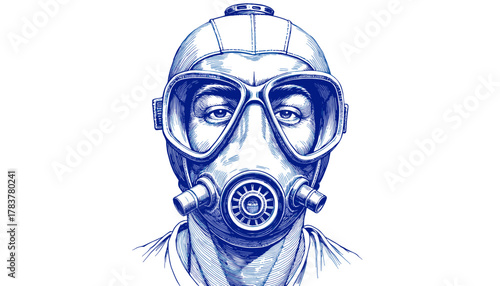 Vintage sketch of a person wearing a blue ink diver mask  