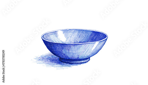 Vintage sketch of a blue bowl drawn with ink on white background  
