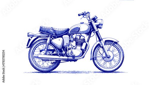 Vintage sketch of a motorcycle in blue ink illustration  