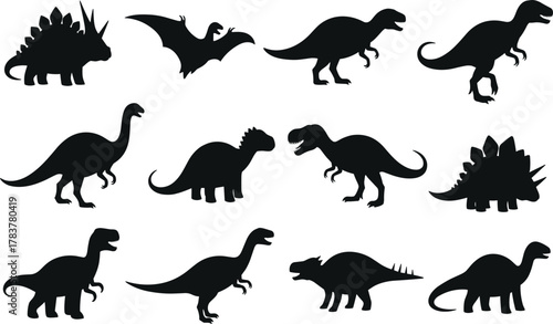 Collection of twelve dinosaur silhouettes including Tyrannosaurus, Triceratops, Stegosaurus, Sauropod, Spinosaurus, Ankylosaurus, Pterodactyl, minimal vector design for logo, educational illustration