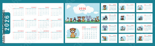 Adorable 2026 calendar for kids: Cute cartoon zodiac animals for each month. Playful template with monthly layouts. Perfect for children's rooms, educational tools and family planners.