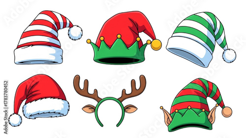 Cartoon Christmas Party Hats and Headwear Clip Art Set Isolated on White Background