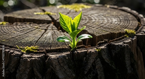 A vibrant green seedling sprouting from the cracked, rough surface of a cut wooden tree stump in a forest. Concept of resilience, new life, regeneration, and environmental perseverance.