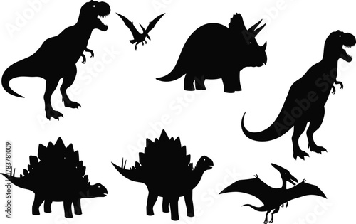 Dinosaur silhouettes collection, prehistoric animal vector set, Tyrannosaurus Stegosaurus Triceratops Pterosaur icons, black Jurassic illustration, ancient wildlife design elements, 