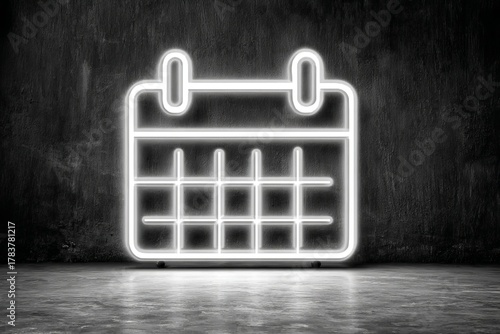 A minimalist neon line drawing of a calendar on a dark concrete wall
