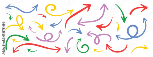 Set of hand drawn colorful doodle arrow set. Playful doodle style creative directional pointers, curved lines.  Vector illustration