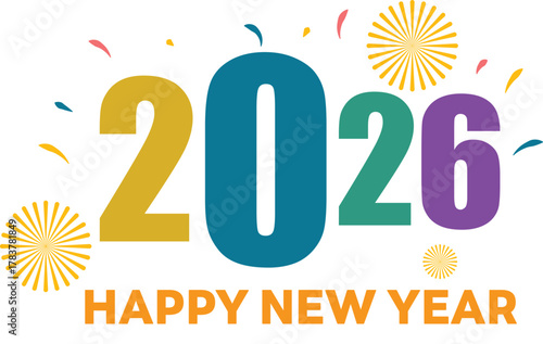 Bright and cheerful 2026 New Year graphic with colorful numbers, festive confetti, and sparkling elements, signaling joyous new beginnings