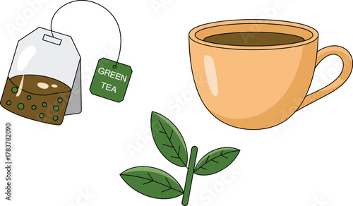Green tea set illustration, tea bag, ceramic cup, fresh leaves, herbal drink, healthy beverage, natural remedy, vector design