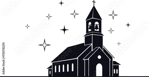 Silhouette of a charming church with stars against a clean white background