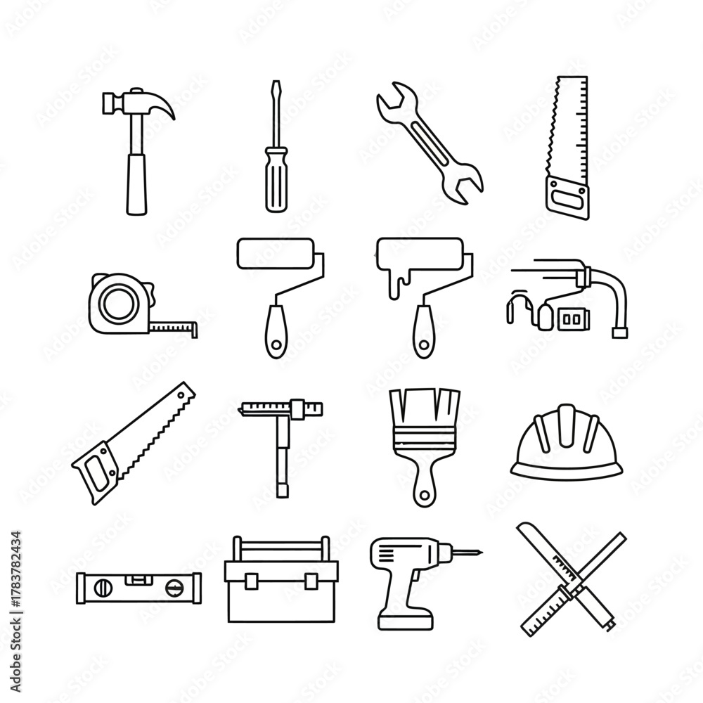 Obraz premium Outline vector icons set of construction and DIY tools, featuring hammer, wrench, saw, drill, paint rollers, and safety helmet.