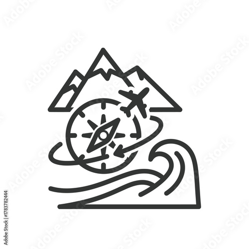 Outline travel adventure icon featuring mountains, compass, airplane, and ocean wave.