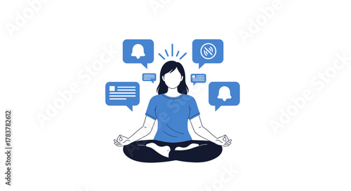 Peaceful Woman Meditating in Lotus Position, Surrounded by Blue Notification Bubbles.