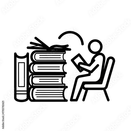 Person Reading with Stack of Books Outline Icon, Minimalist Design.