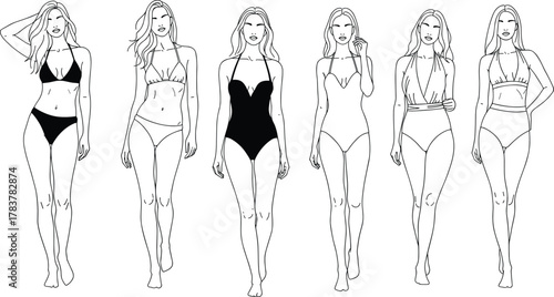 Fashion Models Wearing Various Swimsuit Styles and Bikini Designs Vector Illustration, Minimalist Black and White Line Art Drawing, Female Garment Collection, Isolated.