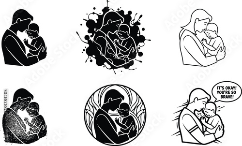 Adult comforting child in six artistic styles, silhouette, ink splatter, line art, distressed texture, concentric circles, comic style, embrace, protection, care